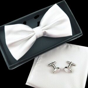 Elegant White Bow Tie and Pocket Square Set